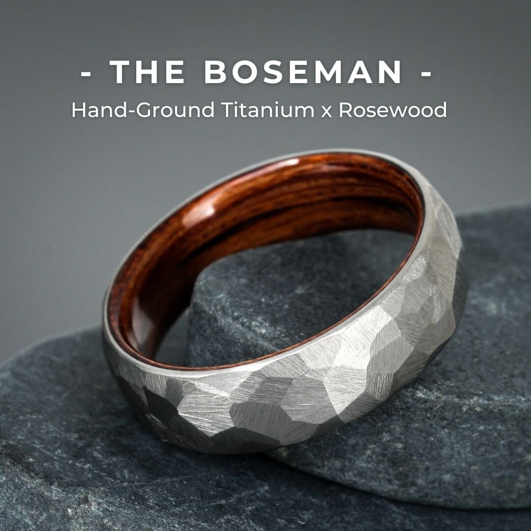 Custom-Built "Boseman" hand ground titanium wedding ring with rosewood interior