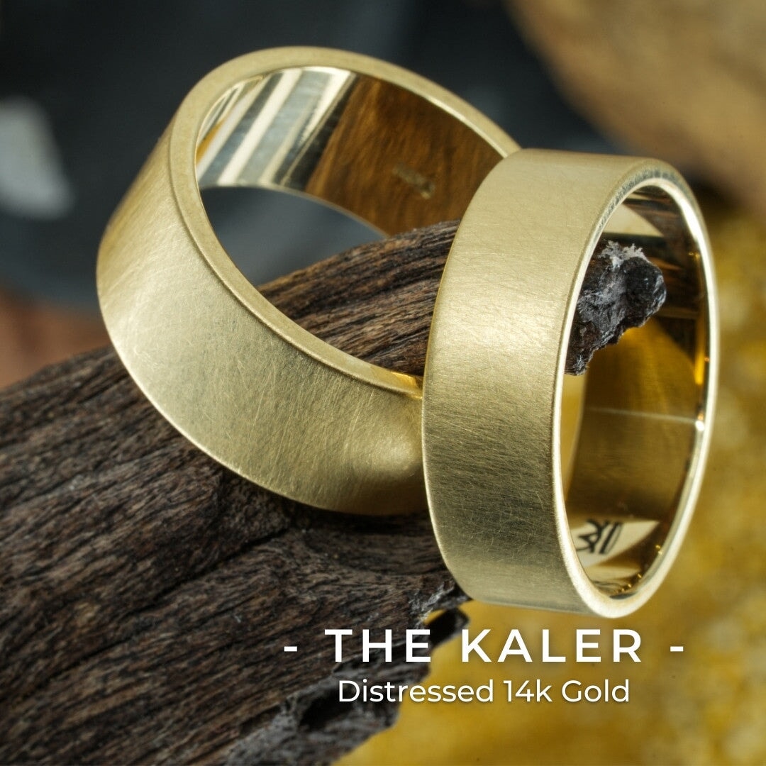 Distressed 14k gold "Kaler" rings wood display
