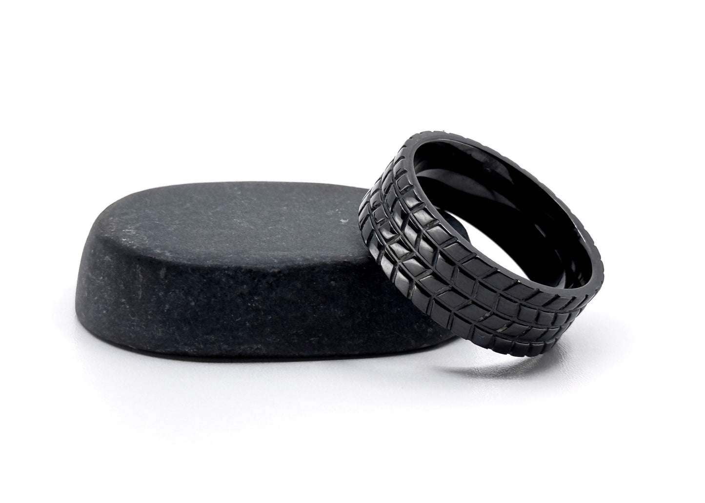 Size 9 Prototype Ring: Textured Tread Pattern Black Titanium