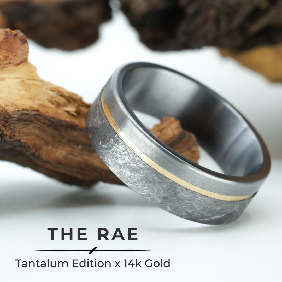 Close-up of 'Rae' tantalum ring with 14k gold inlay and split finish