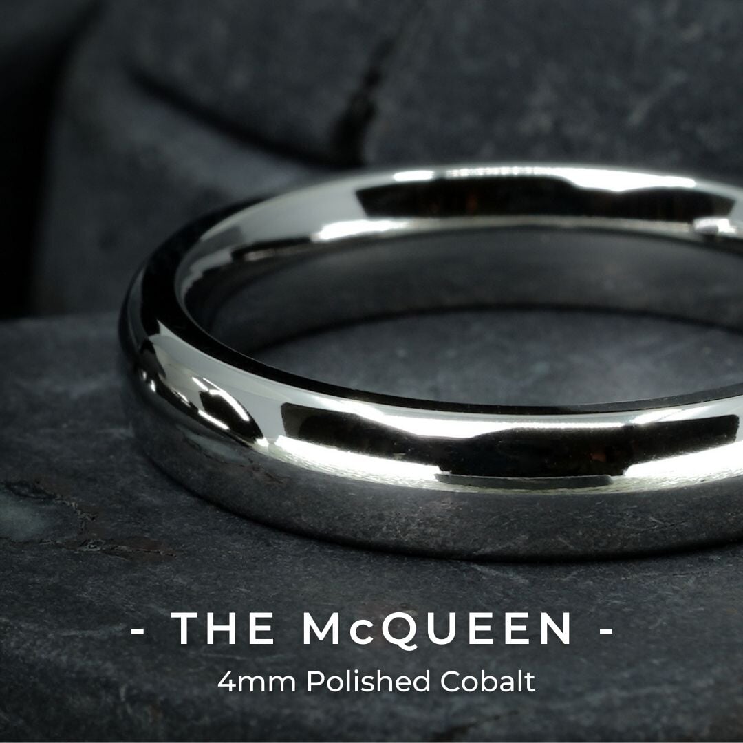 Close Up of "The McQueen" 4 mm polished cobalt wedding band
