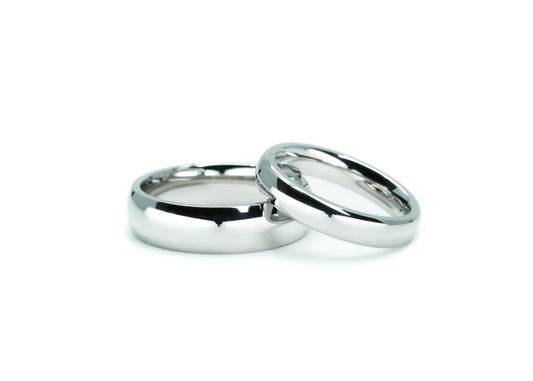 Matching 'Whitman' and 'McQueen' polished cobalt wedding rings set