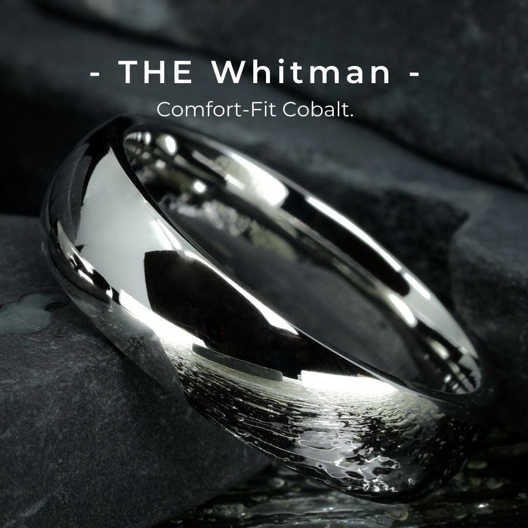 Close up of "The Whitman" polished cobalt wedding ring